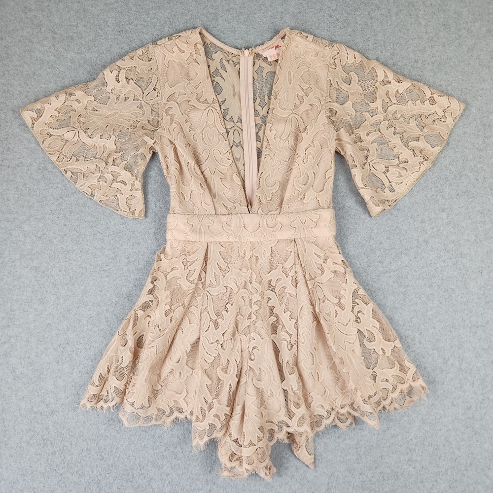 Showpo Romper Women 2 Blush Pink Floral Lace Deep V Flutter Sleeve Tie Back Boho